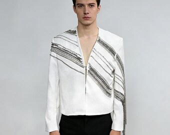 White Sequin Jacket | Chain Fringe, Rhinestone Detail, Asymmetric Cut (Custom Size)