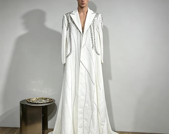 Abrigo de noche blanco con cuentas / Maxi largo / Adornado con pedrería / Capa de boda / Corte a medida
