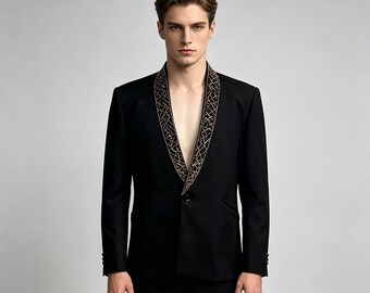Hand Embroidered Black Blazer - Formal Fabric | Gold Beaded Shawl Collar | Prom & Formal Event Outerwear | Custom Fit Sizes