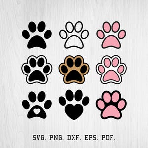 Könnte beinhalten: Neun Pfotenabdruck-Designs in Schwarz, Weiß, Braun und Rosa. Einige Pfotenabdrücke sind vollflächig, andere umrandet, und zwei haben Herzformen. Das Bild enthält den Text "SVG. PNG. DXF. EPS. PDF."