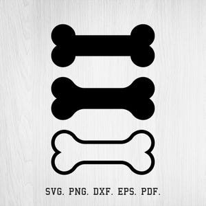 May include: Three black dog bone silhouettes, two solid and one outlined, arranged vertically. Below the bones, the text "SVG. PNG. DXF. EPS. PDF." is displayed in a sans-serif font, indicating file formats.