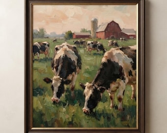 Farmhouse Dairy Cows Oil Painting, Rustic Pasture Landscape Wall Art (Digital Download)