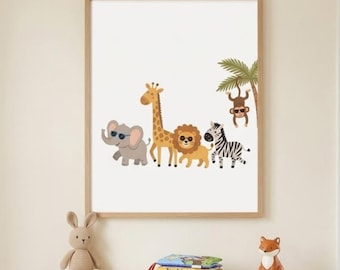 Safari Animal Nursery Wall Art, Cute Jungle Animals Print, Kids Playroom Decor, Neutral Safari Art | Digital Download