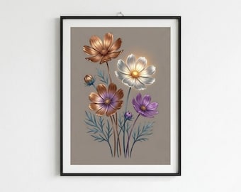 Cosmos Flower Wall Art Digital Print Floral Bouquet Poster Print Boho Botanical Illustration Instant Download