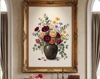 Vintage Floral Wall Art |Moody Bouquet Print Antique Flower Poster Countryside Botanical Decor | Digital Download