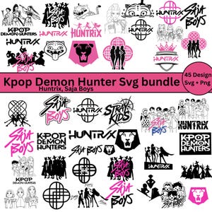 Puede incluir: Un conjunto de 45 diseños SVG y PNG de Kpop Demon Hunter. Los diseños incluyen varios logotipos, ilustraciones y elementos de texto en negro y rosa. El texto incluye "Huntrix" y "Saja Boys".