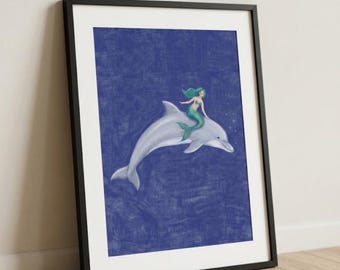 Mermaid on Dolphin - Fantasy Ocean Wall Art Print - Blue Nursery Decor | Digital Download