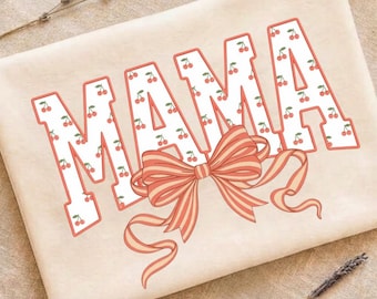 Mama Cherry Bow PNG, Retro Floral Mom Sublimation Design, Shirt Print, Cute Mother's Day Digital Download,