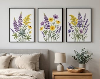 Wildflower Trio Wall Art Set of 3, Purple Yellow Floral Prints | Digital Download