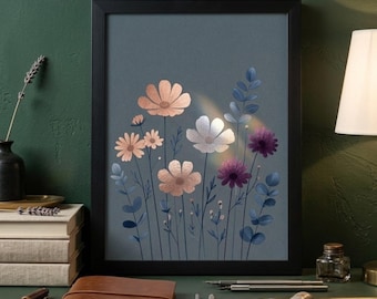 Boho Floral Wall Art | Moody Botanical Print Dark Green Aesthetic Flower Poster Elegant Meadow Decor | Digital Download