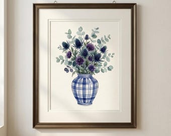 Watercolor Blue Thistle Bouquet Plaid Vase Digital Download
