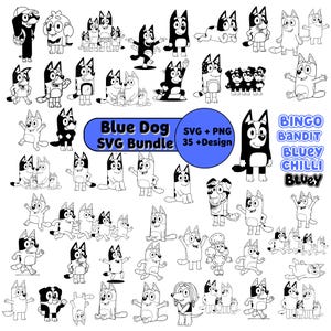 Puede incluir: Una colecci&oacute;n digital de ilustraciones de arte lineal en blanco y negro con varios personajes de perros en diferentes poses. El texto central dice Blue Dog SVG Bundle SVG + PNG 35 +Design, con los nombres Bingo, Bandit, Bluey y Chilli.