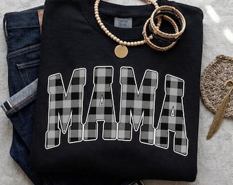 Mama Buffalo Plaid PNG, Retro Mama Sublimation Design, Black White Checkered Shirt Print, Digital Download