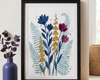 Wildflower Bouquet Digital Print, Blue and Yellow Floral Wall Art, Botanical Fern Poster, Aesthetic Room Decor | Digital Download