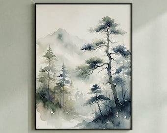 Misty Pine Forest Watercolor Wall Art, Blue Green Mountain Nature Print (Digital Download)