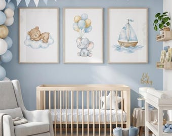 Watercolor Baby Boy Nursery Wall Art Set of 3 Printable | Digital Download