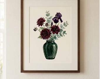 Dark Dahlia Watercolor Print, Moody Floral Wall Art, Botanical Poster, Burgundy Violet Flower Bouquet, Digital Download