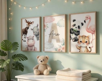 Safari Animals Watercolor Nursery Prints, Personalized Name Decor (Digital Download)