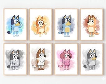 Láminas de acuarela de perro azul, decoración de pared para habitación infantil, conjunto de galería infantil (descarga digital)