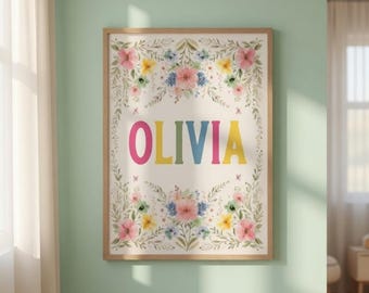 Custom Boho Floral Name Print, Baby Name Wall Art, Nursery Decor (Digital Download).
