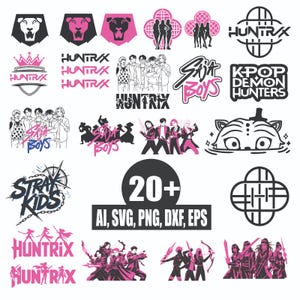 May include: A collection of over twenty digital design files in AI, SVG, PNG, DXF, and EPS formats. The designs feature various graphics, including stylized lion heads, text-based logos, and illustrations of groups of people, in black and pink.