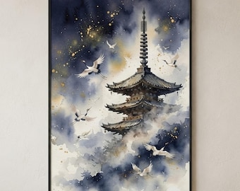 Japanese Pagoda Crane Watercolor Wall Art Print, Navy Gold Oriental Zen Art (Digital Download)
