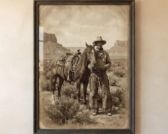Vintage Cowboy Horse Photograph, Sepia Tone Western Wall Art (Digital Download)