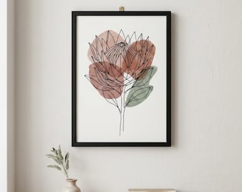 Minimalist Protea Line Art Print, Abstract Botanical Wall Art, Boho Flower Poster, King Protea Decor | Digital Download