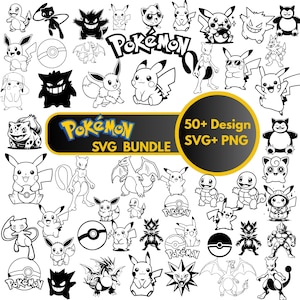 May include: Black and white SVG bundle featuring various Pok&eacute;mon characters and logos. Includes Pikachu, Eevee, and other popular designs. The image also includes the text "Pok&eacute;mon SVG Bundle" and "50+ Design SVG+ PNG".