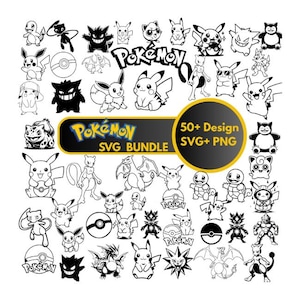 May include: A collection of black and white Pok&eacute;mon character designs. The image includes various Pok&eacute;mon, Pok&eacute; Balls, and the Pok&eacute;mon logo. Text on the image reads "Pok&eacute;mon SVG BUNDLE" and "50+ Design SVG+ PNG".