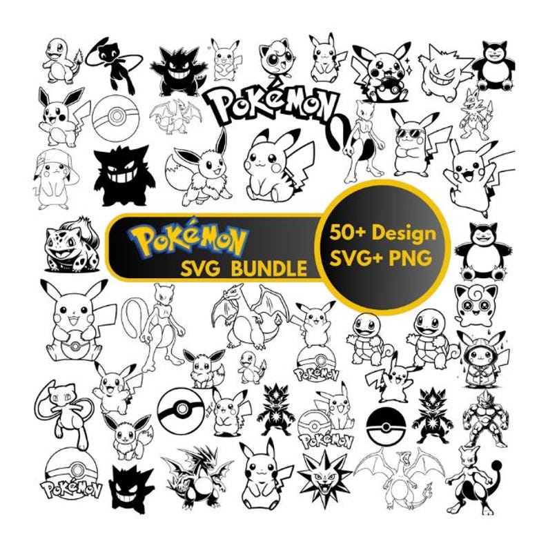 May include: A collection of black and white Pok&eacute;mon character designs. The image includes various Pok&eacute;mon, Pok&eacute; Balls, and the Pok&eacute;mon logo. Text on the image reads "Pok&eacute;mon SVG BUNDLE" and "50+ Design SVG+ PNG".