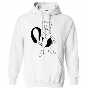 May include: White hooded sweatshirt featuring a black and white graphic of a Pokemon character. The design is centered on the front of the sweatshirt. The sweatshirt has a kangaroo pocket and a drawstring hood.