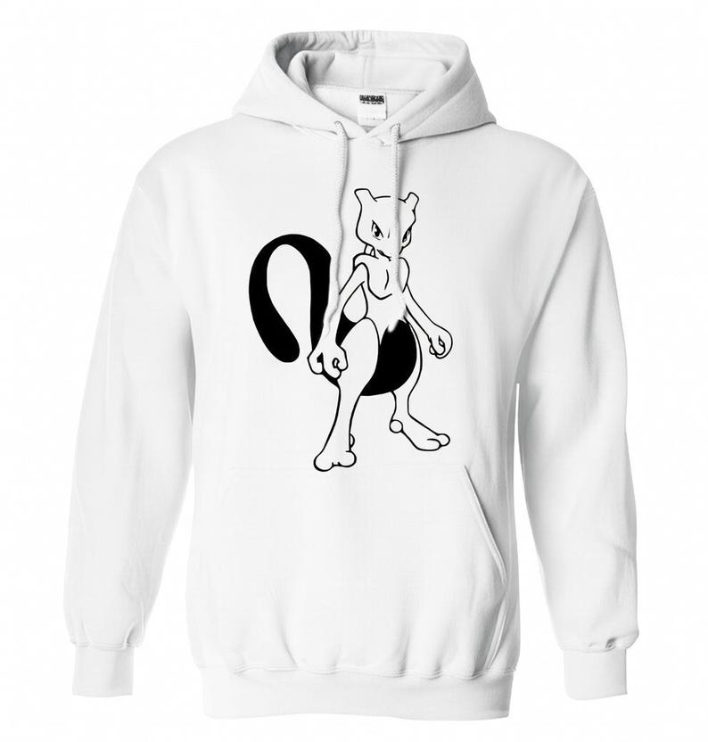 May include: White hooded sweatshirt featuring a black and white graphic of a Pokemon character. The design is centered on the front of the sweatshirt. The sweatshirt has a kangaroo pocket and a drawstring hood.