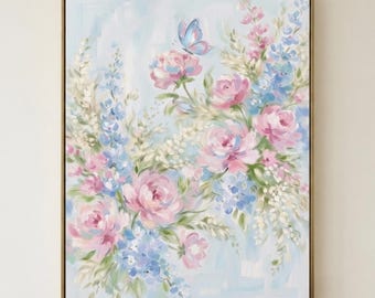 Pastel Floral Butterfly Art Print, Shabby Chic Botanical Nursery Wall Art (Digital Download)