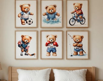 Vintage Teddy Bear Sports Art Set, Watercolor Nursery Prints (Digital Download)