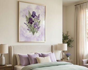 Purple Iris Botanical Wall Art Print, Lavender Floral Bouquet, Watercolor Flower Bedroom Decor, Digital Download