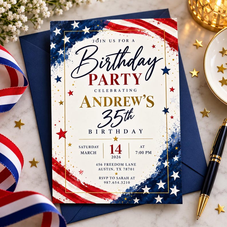 Patriotic Birthday Invitation, Red White Blue Stars Party Invite ...