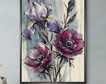 Purple Iris Anemone Botanical Wall Art Print, Moody Floral Watercolor Painting (Digital Download)