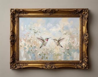 Hummingbird Wall Art Pastel Bird | Delicate Floral Painting Print Soft Cream Nursery Decor Poster |Digital Download
