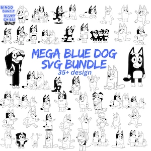 Puede incluir: Una colecci&oacute;n digital de ilustraciones de arte lineal en blanco y negro con varios personajes de perros de dibujos animados en diferentes poses. El texto MEGA BLUE DOG SVG BUNDLE 35+ design est&aacute; centrado en azul, con los nombres Bingo, Bandit, Chilli y Bluey.