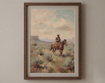 Vintage Cowboy Desert Landscape Print, Rustic Horse Rider Wall Art (Digital Download)