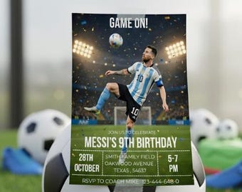 Invitación de cumpleaños de Messi: Plantilla editable de Canva (Descarga digital)