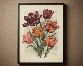 Vintage Tulip Botanical Print, Moody Dark Academia Wall Art (Digital Download)