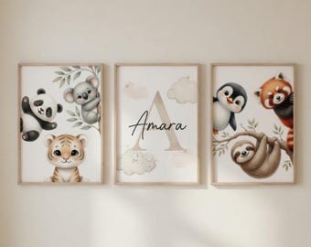 Safari Watercolor Animal Nursery Prints, Personalized Name Decor (Digital Download)