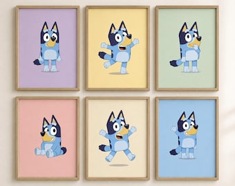 Set of 6 Blue Puppy Wall Art Prints, Cute Kids Room Cartoon Blue Dog Printable Decor, Pastel Nursery Wall Art, Playroom Digital Download,