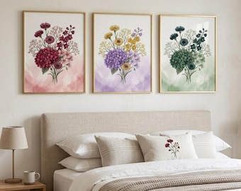 Watercolor Floral Bouquets Wall Art Set of 3 Digital Download
