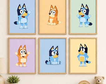 Set of 6 Blue Puppy Wall Art Prints, Cute Kids Room Cartoon Blue Dog Printable Decor, Pastel Nursery Wall Art, Playroom Digital Download,