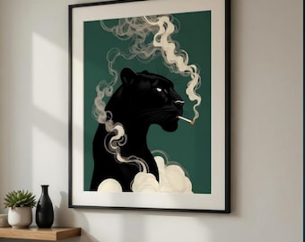 Black Panther Smoking Cigarette Wall Art | Dark Moody Printable Poster | Digital Download | Cool Masculine Decor