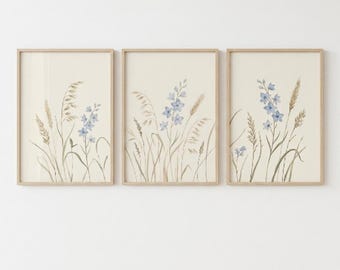 Blue Wildflower Grass Botanical Trio Wall Art Print Set | Digital Download