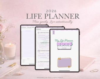 Puede incluir: Planificador de vida digital para 2026 mostrado en tres tabletas. El planificador presenta un diseño minimalista con colores pastel suaves. El texto "LIFE PLANNER" y "Plan gently, Live intentionally" son visibles. Diseñado para iPad y Apple Pencil.